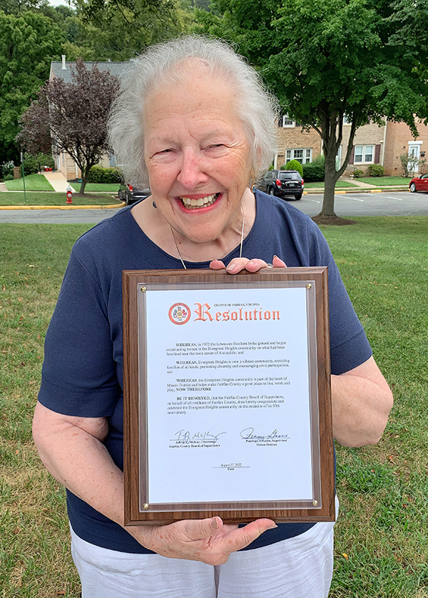 Penny Gross with Fairfax Country Resolution honoring the 50th anniversary of Evergreen Heights